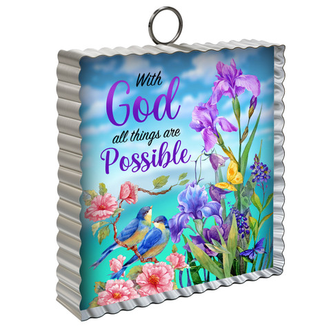 Metal mini moment keychain with colorful flowers, birds, and "With God" inspirational quote on silver background.