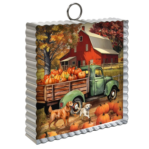 Autumn Farm Metal Mini Moment, green truck, pumpkins, dogs, and red barn on metal decoration.