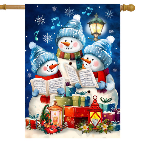 Singing Snowmen House Flag, three snowmen in hats singing with music notes and winter gifts.