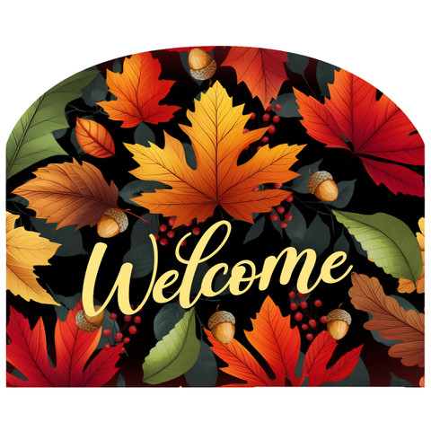 Autumn Color Leaves Acrylic Art Sign with welcome text and colorful fall leaves on black background.