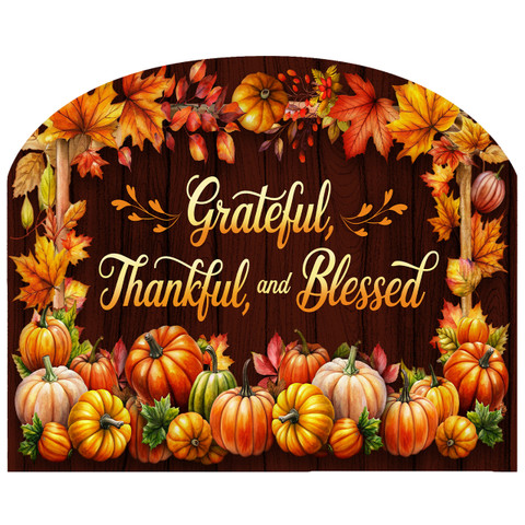 Thankful Blessings Acrylic Art Sign with pumpkins and leaves on a wooden background, Grateful Blessings text.