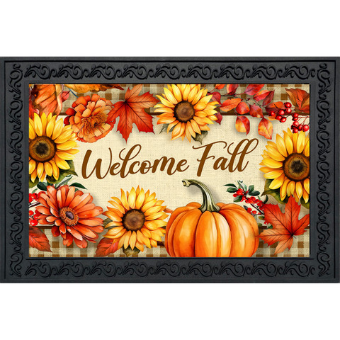 Welcome Fall Flowers Doormat with sunflowers, pumpkin, and leaves on beige plaid background with black frame.