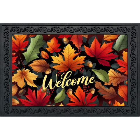 Autumn Color Leaves Doormat with colorful fall leaves and Welcome text on a black background.