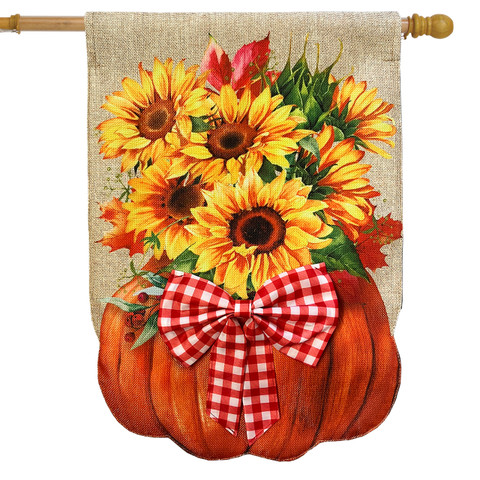 Sunflower filled pumpkin burlap house flag with red gingham bow, vibrant orange and yellow hues.