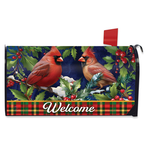 Cardinal and Holly Mailbox Cover with red cardinals, holly, and welcome text on plaid background.