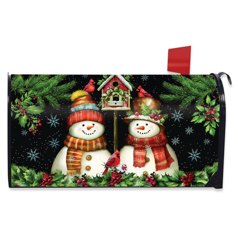 Snowman Pair Mailbox Cover with festive winter scene and snowmen wearing scarves and hats.