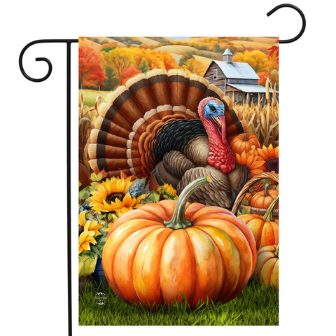 Wild Turkey and Pumpkins Garden Flag with vibrant fall scene and rustic barn background.