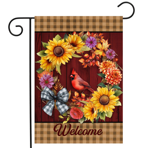 Harvest Wreath Garden Flag with sunflowers, cardinal, and Welcome text on a plaid background.