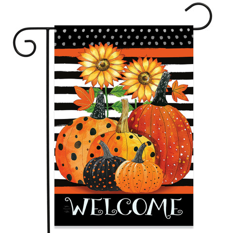 Pumpkins and Stripes Garden Flag with orange, black, and yellow pumpkins, sunflowers, on striped background.