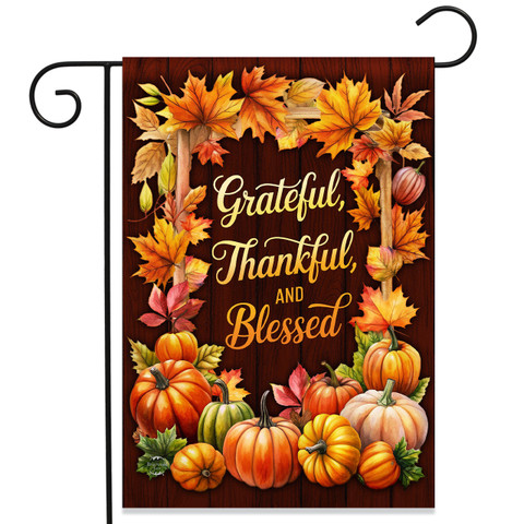 Thankful Blessings Double-Sided Garden Flag with pumpkins, leaves, and Grateful, Thankful, and Blessed text.