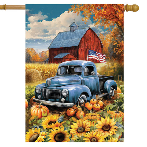 American Fall Farm House Flag with vintage blue truck, pumpkins, sunflowers, and red barn.