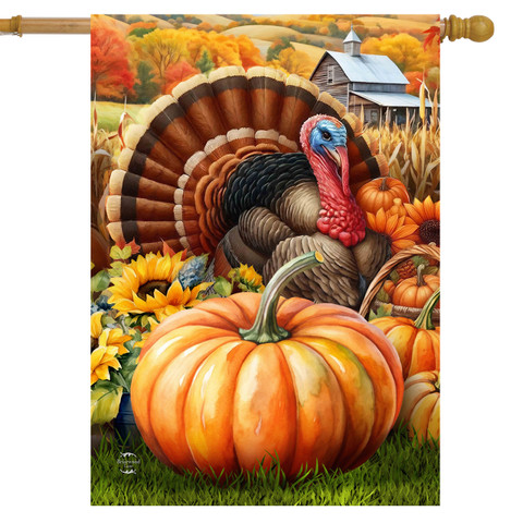 Wild Turkey and Pumpkins House Flag with vibrant autumn scene and colorful turkey amidst pumpkins.