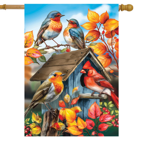 Fall Birds House Flag with colorful birds on a house with autumn leaves and flowers around.