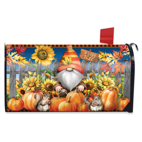 Gnome and Pumpkins Mailbox Cover with sunflowers, pumpkins, and a cat on a fence background.