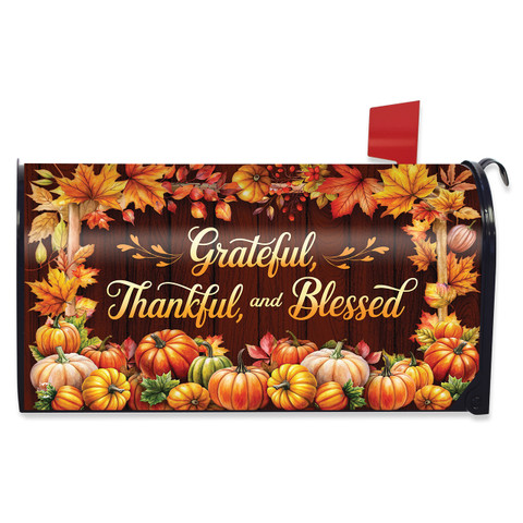 Thankful Blessings Mailbox Cover with pumpkins and leaves, Grateful, Thankful, and Blessed text.