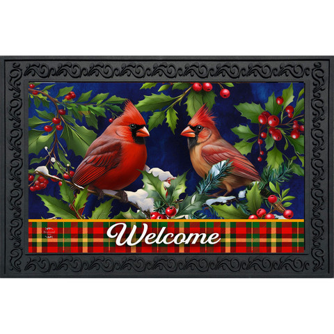 Cardinal and Holly Doormat with red cardinals, holly, and Welcome text on plaid background.
