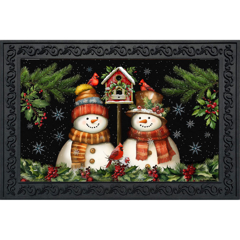 Snowman Pair Doormat with festive snowmen, birdhouse, evergreen, holly, and snowy night scene design.