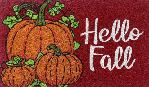 Hello Fall Pumpkins Coir Doormat, 18x30, red background with orange pumpkins and green leaves.