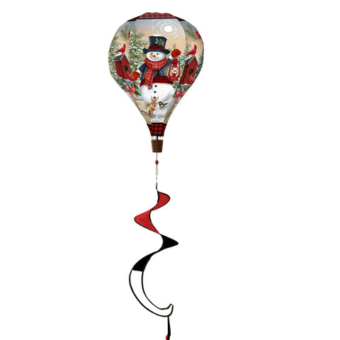 Snowman and Friends Hot Air Balloon Spinner with red and black curly tail decoration.