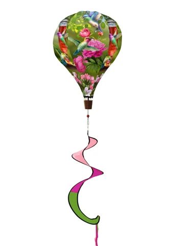 Deluxe Hummingbird Feeder hot air balloon spinner with colorful floral design and pink green tail.
