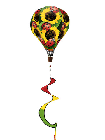 Ladybugs and Sunflowers hot air balloon spinner with colorful ribbon, yellow, red and green hues.