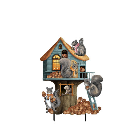 Fall Welcome To the Nut House Metal Art with squirrels on tree stump house.