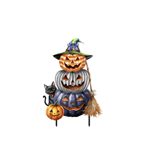 Halloween Pumpkin Stack Metal Art with witch hat, broom, and black cat, orange and purple pumpkins.