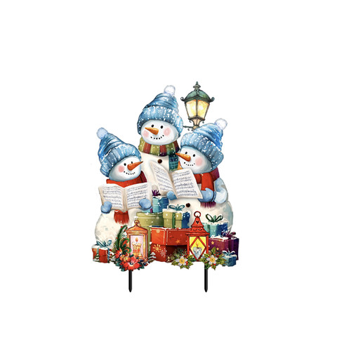 Three singing snowmen in blue hats and scarves on metal art with presents and a lantern.
