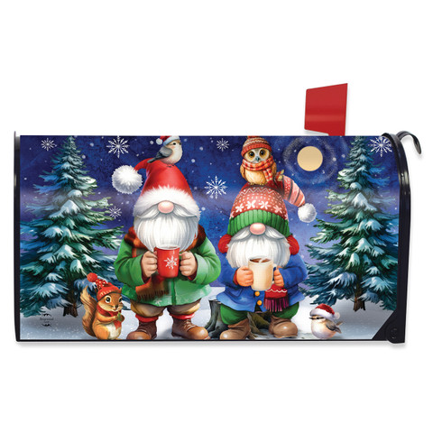 Warm Wishes Gnomes Mailbox Cover with festive gnomes, trees, and snowflakes on a winter night.