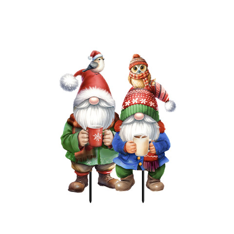 Warm Wishes Gnomes Metal Art, two gnomes with bird and owl, festive hats, and mugs.