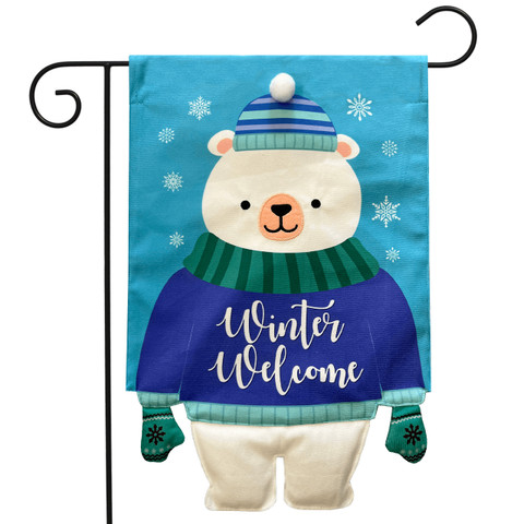 Winter Welcome Polar Bear Burlap Garden Flag with blue snowflake background and cute bear illustration.