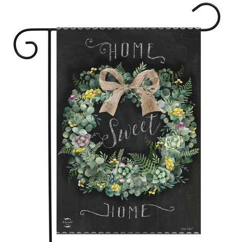 Home Sweet Home Wreath Garden Flag with floral wreath and burlap bow on black background.