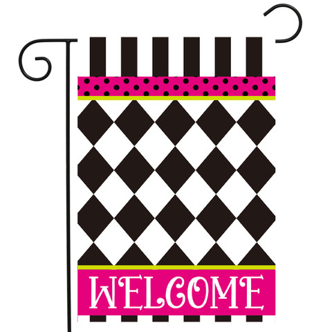 Neon checkerboard garden flag with Welcome sign, black and white diamonds, pink accents, and stripes.