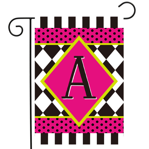 Neon Checkerboard Monogram Garden Flag with pink, black, white, and yellow checkerboard and polka dot design.