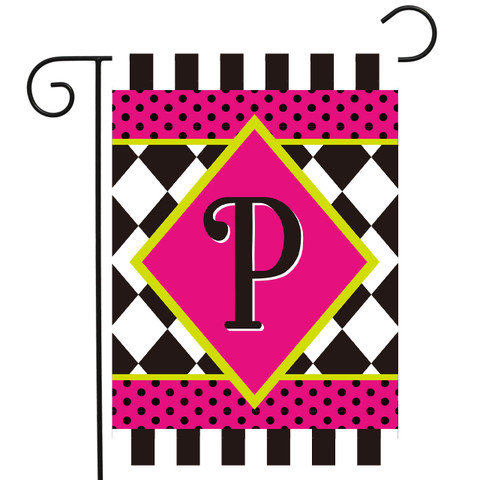 Pink and black garden flag with neon checkerboard monogram P design on a pole.
