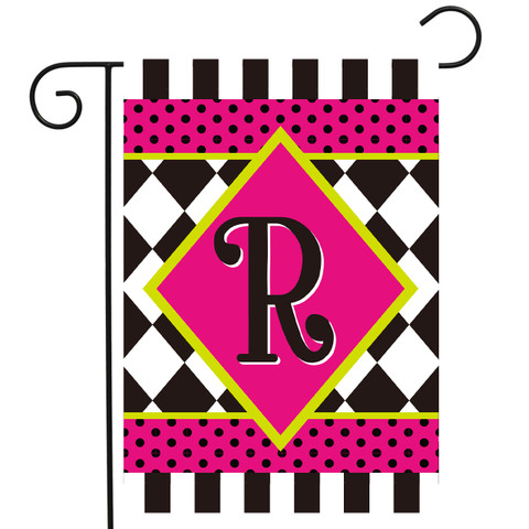 Neon pink and black checkerboard garden flag with monogram R and yellow accents.