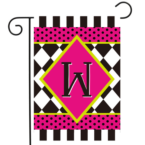 Neon Checkerboard Monogram W Garden Flag, pink, black, and white colors with yellow accents.