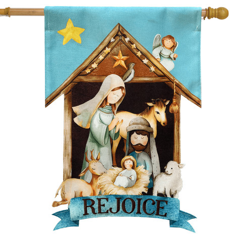 Rejoice Burlap House Flag with nativity scene and blue background with gold stars and angel.