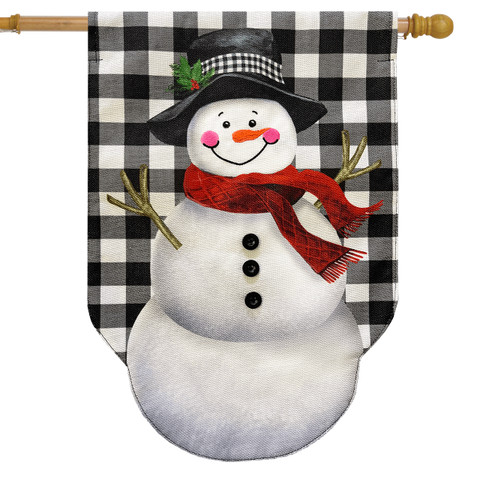Happy Snowman Burlap House Flag with black and white checkered background and red scarf.