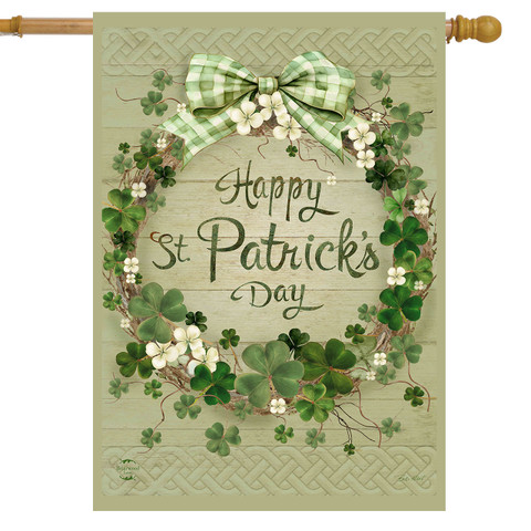 Lucky Wreath House Flag with green bow, shamrocks, and Happy St. Patrick's Day text.