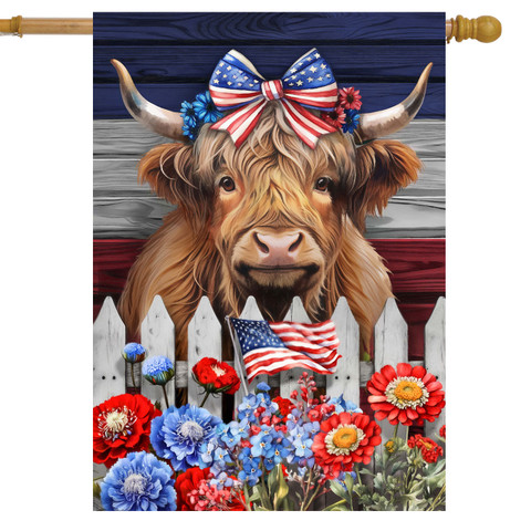 Patriotic Highland Cow House Flag with red, white, and blue flowers and American flag design.