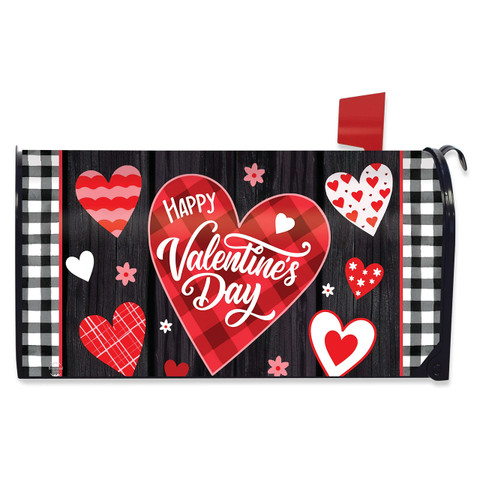 Scattered Hearts Mailbox Cover with Happy Valentine's Day text and various heart designs on black background.