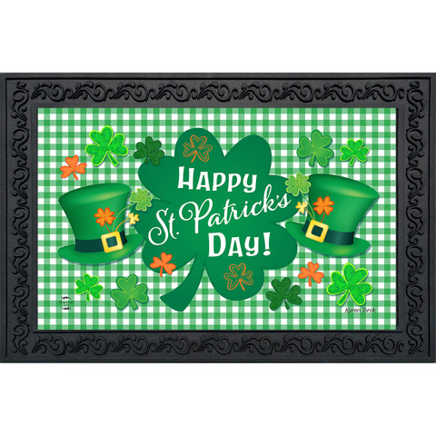 Green and white checkered Celebrate St. Patrick's Day Doormat with shamrocks and top hats.