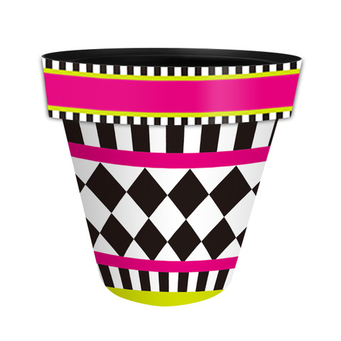 Neon Checkerboard Medium Planter, black, white, pink, and yellow checkerboard and striped design pot.