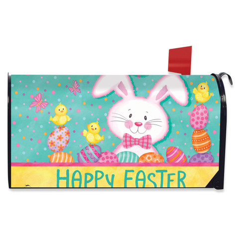 Easter Time Mailbox Cover with white bunny, chicks, eggs, and Happy Easter text on teal background.