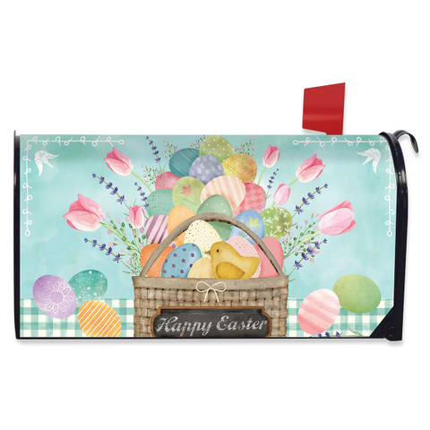 Colorful Easter Basket Mailbox Cover with Happy Easter text, pastel eggs, flowers, and bunny on turquoise.