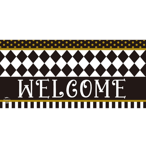 Black and white Checkerboard Mini Mat with gold accents and "WELCOME" text on white background.