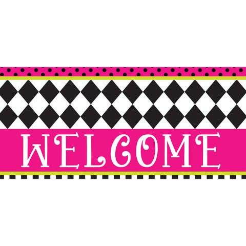 Neon Checkerboard Mini Mat, black and white checkerboard with pink welcome sign and neon accents.