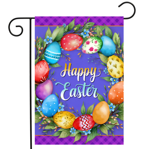 Colorful Easter Wreath Garden Flag with Happy Easter text and decorated eggs on purple background.
