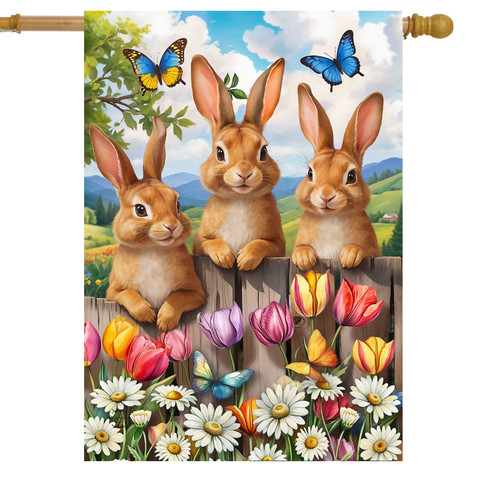 Bunny Greeting House Flag with three brown bunnies, colorful flowers, and butterflies on a garden background.